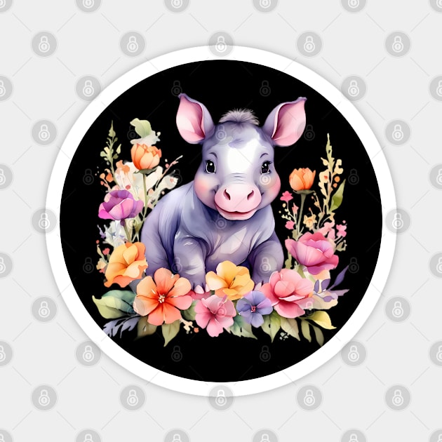 A baby hippo decorated with beautiful watercolor flowers Magnet by CreativeSparkzz